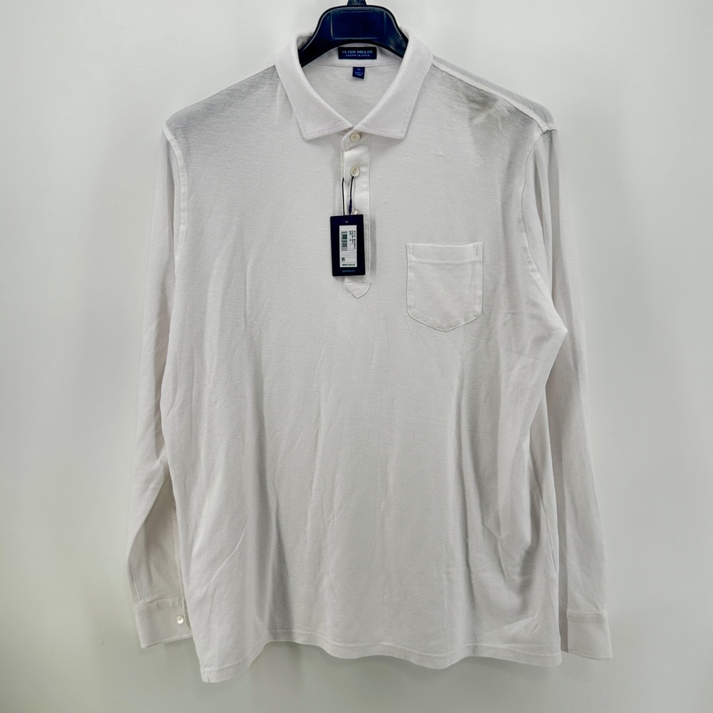 PETER MILLAR Mens XL Croxley Mesh Long-Sleeve Jersey Polo White Linen Blend $225